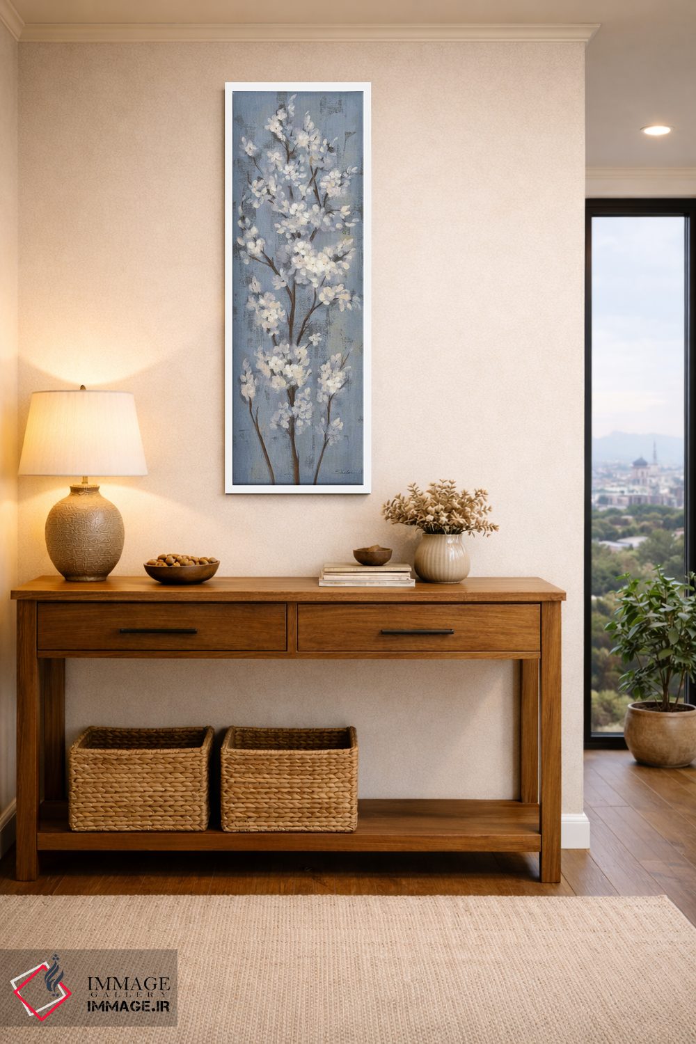 تابلو دکوراتیو شاخه بادام II روی آبی خاکستری اثر سیلویا واسیلیوا - D3W