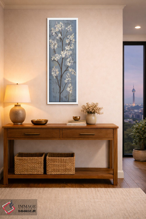 تابلو انتزاعی شاخه بادام I روی آبی خاکستری اثر سیلویا واسیلیوا - D2W