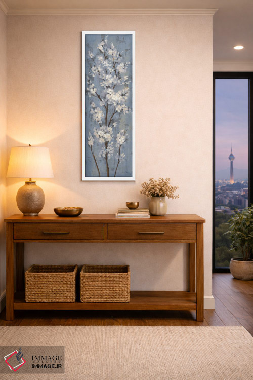 تابلو دکوراتیو شاخه بادام II روی آبی خاکستری اثر سیلویا واسیلیوا - D4W