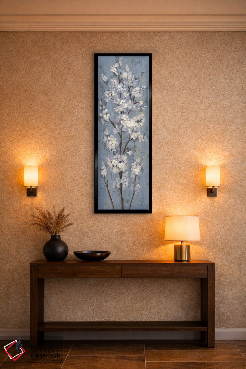 تابلو دکوراتیو شاخه بادام II روی آبی خاکستری اثر سیلویا واسیلیوا - D6B