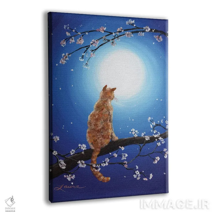 تابلو دکوراتیو گربه نارنجی در مهتاب آبی اثر لورا ایورسن - نمای پرسپکتیو محصول