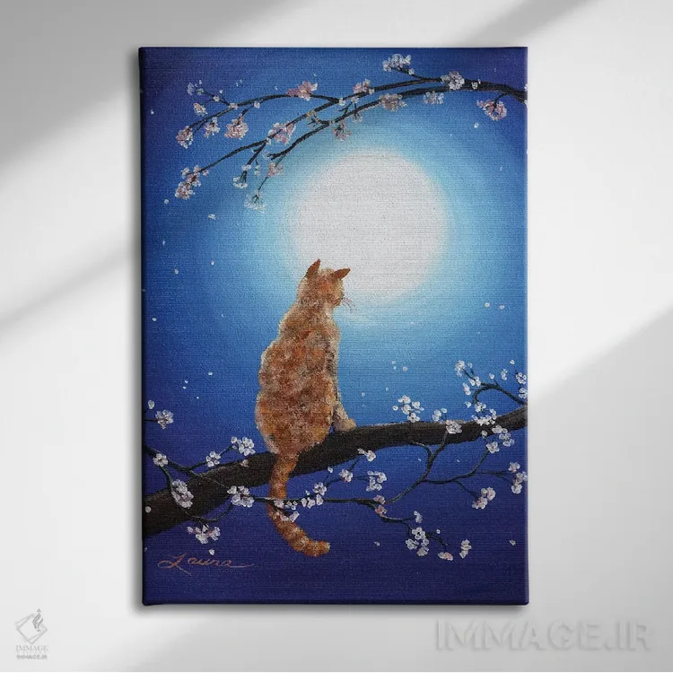 تابلو دکوراتیو گربه نارنجی در مهتاب آبی اثر لورا ایورسن - نمای روبهرو روی دیوار