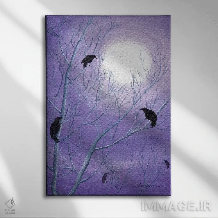 تابلو دکوراتیو کلاغ ها روی شاخه های خالی اثر لورا ایورسن - نمای روبهرو روی دیوار