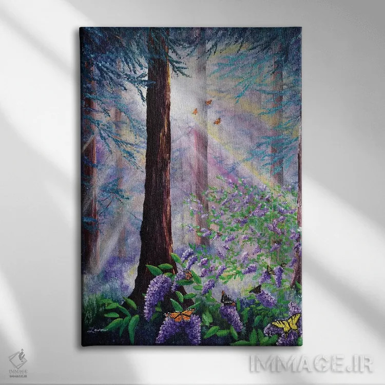 تابلو دکوراتیو بیشه پروانه ها در جنگل سرخ چوب اثر لورا ایورسن - نمای روبهرو روی دیوار