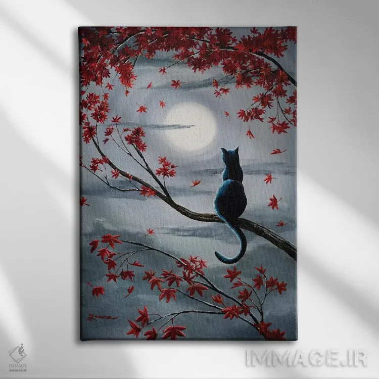 تابلو دکوراتیو گربه سیاه در نور ماه نقره ای اثر لورا ایورسن - نمای روبهرو روی دیوار