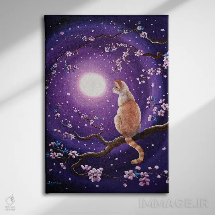 تابلو دکوراتیو گربه سیامی فلیم پوینت در شکوفه های رقصان گیلاس اثر لورا ایورسن - نمای روبهرو روی دیوار
