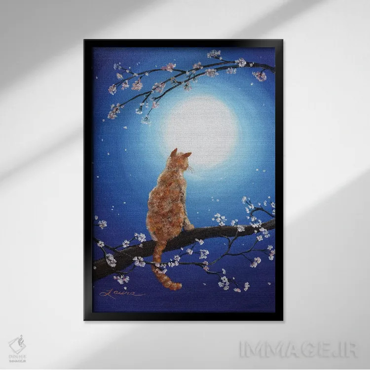 تابلو دکوراتیو گربه نارنجی در مهتاب آبی اثر لورا ایورسن - نمای قابدار مشکی