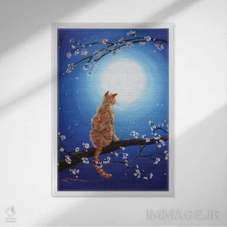 تابلو دکوراتیو گربه نارنجی در مهتاب آبی اثر لورا ایورسن - نمای قابدار سفید