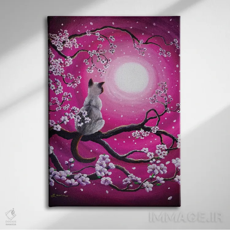 تابلو دکوراتیو ساکورای صورتی روشن در صبح اثر لورا ایورسن - نمای روبهرو روی دیوار