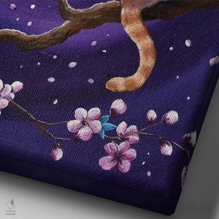 تابلو دکوراتیو گربه سیامی فلیم پوینت در شکوفه های رقصان گیلاس اثر لورا ایورسن - نمای نزدیک بافت بوم