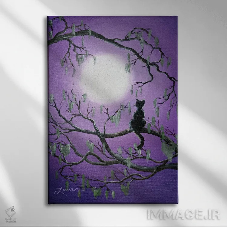 تابلو دکوراتیو گربه سیاه درخت خزه ای اثر لورا ایورسن - نمای روبهرو روی دیوار
