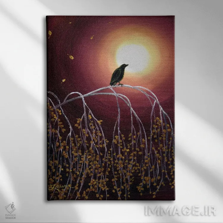 تابلو دکوراتیو کلاغ سیاه روی شاخه های توس سفید اثر لورا ایورسن - نمای روبهرو روی دیوار