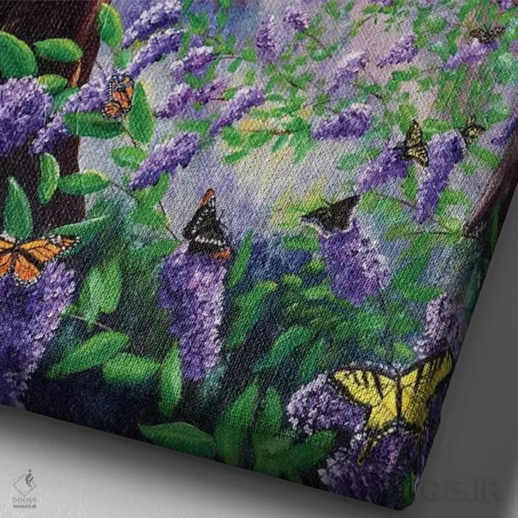 تابلو دکوراتیو بیشه پروانه ها در جنگل سرخ چوب اثر لورا ایورسن - نمای نزدیک بافت بوم