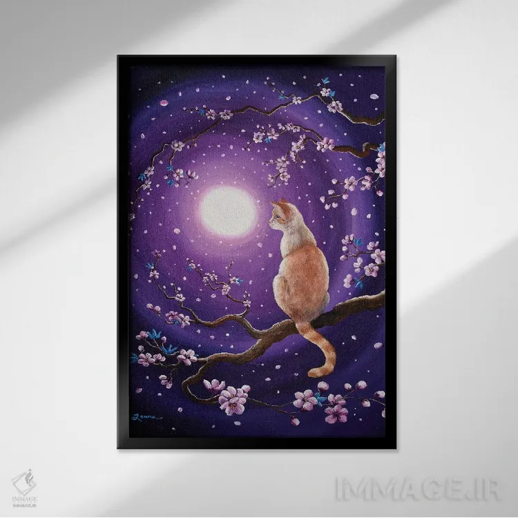 تابلو دکوراتیو گربه سیامی فلیم پوینت در شکوفه های رقصان گیلاس اثر لورا ایورسن - نمای قابدار مشکی