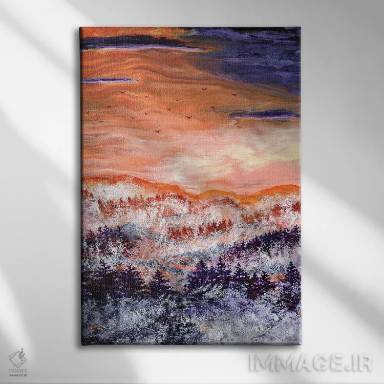 تابلو انتزاعی غروب مه آلود شمال غرب اقیانوس آرام اثر لورا ایورسن - نمای روبهرو روی دیوار