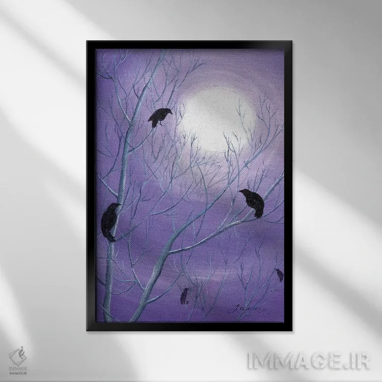 تابلو دکوراتیو کلاغ ها روی شاخه های خالی اثر لورا ایورسن - نمای قابدار مشکی