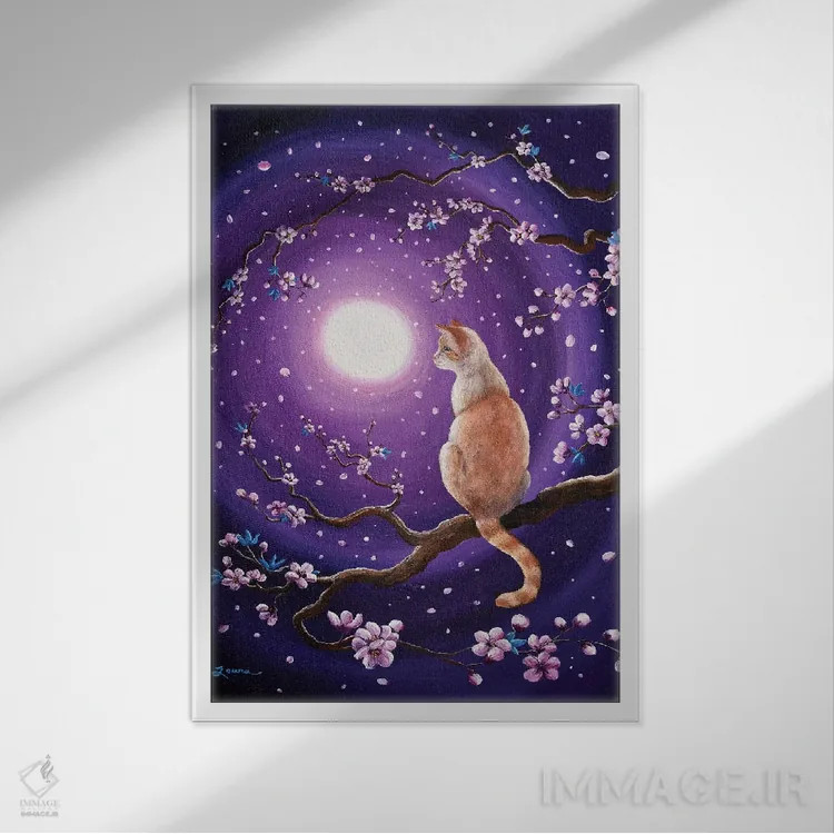 تابلو دکوراتیو گربه سیامی فلیم پوینت در شکوفه های رقصان گیلاس اثر لورا ایورسن - نمای قابدار سفید