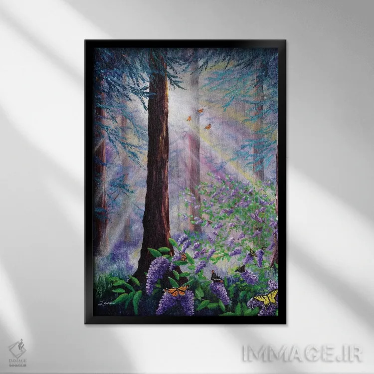 تابلو دکوراتیو بیشه پروانه ها در جنگل سرخ چوب اثر لورا ایورسن - نمای قابدار مشکی