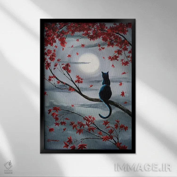 تابلو دکوراتیو گربه سیاه در نور ماه نقره ای اثر لورا ایورسن - نمای قابدار مشکی