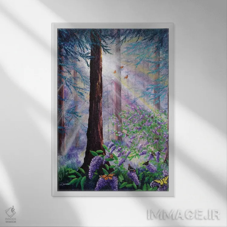 تابلو دکوراتیو بیشه پروانه ها در جنگل سرخ چوب اثر لورا ایورسن - نمای قابدار سفید