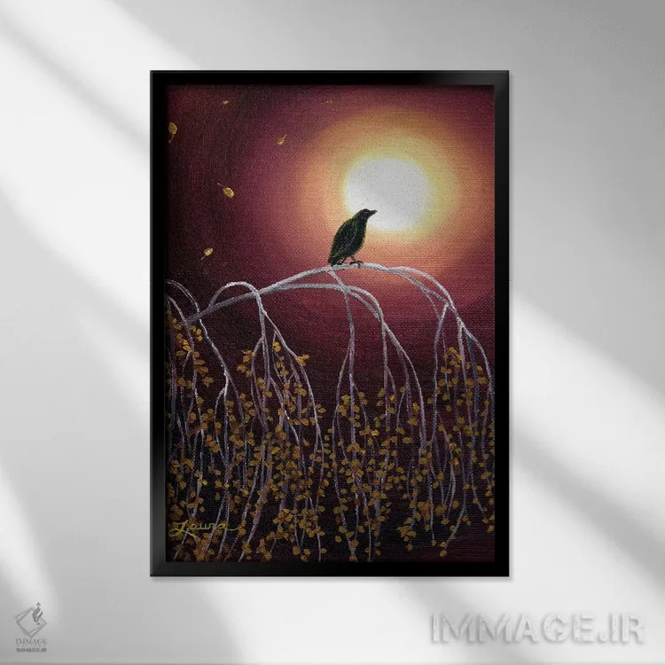 تابلو دکوراتیو کلاغ سیاه روی شاخه های توس سفید اثر لورا ایورسن - نمای قابدار مشکی