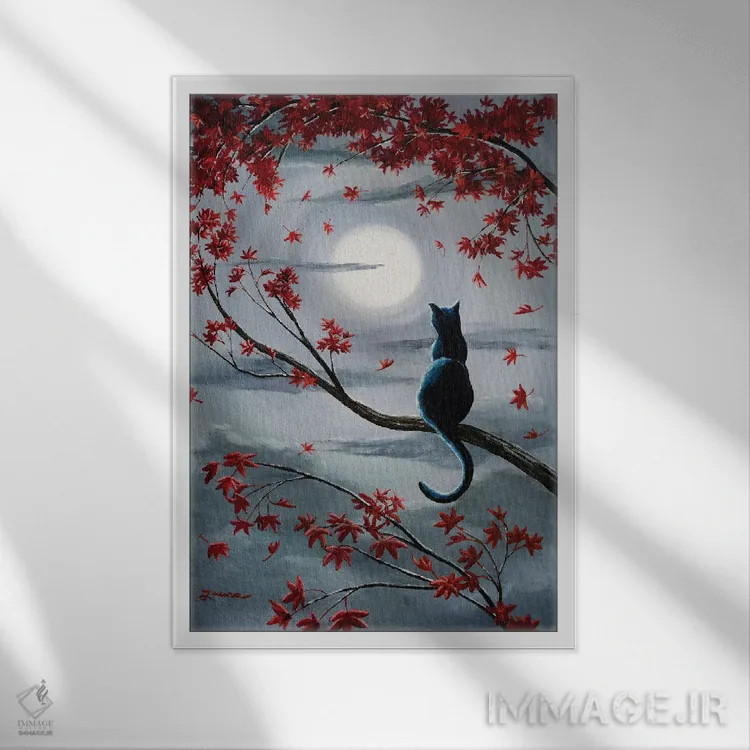 تابلو دکوراتیو گربه سیاه در نور ماه نقره ای اثر لورا ایورسن - نمای قابدار سفید