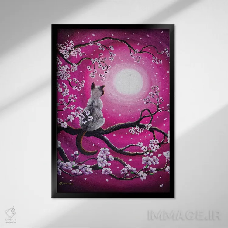 تابلو دکوراتیو ساکورای صورتی روشن در صبح اثر لورا ایورسن - نمای قابدار مشکی