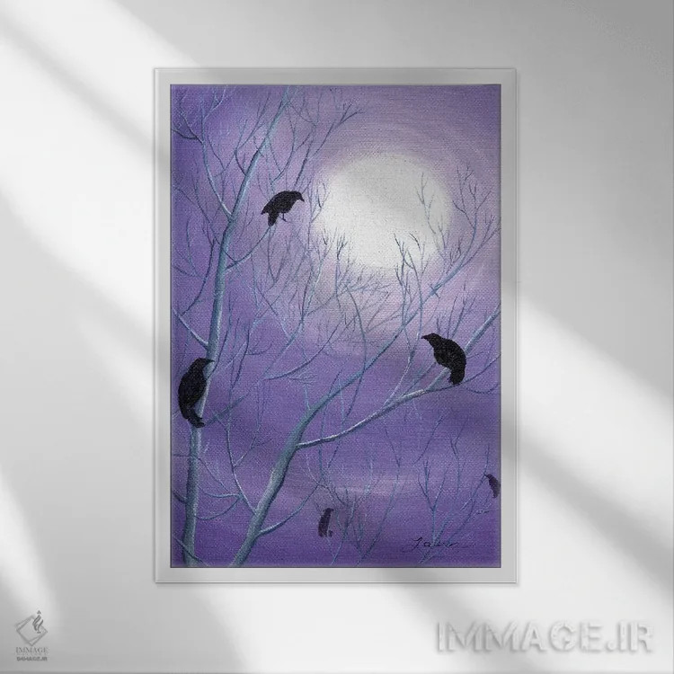 تابلو دکوراتیو کلاغ ها روی شاخه های خالی اثر لورا ایورسن - نمای قابدار سفید