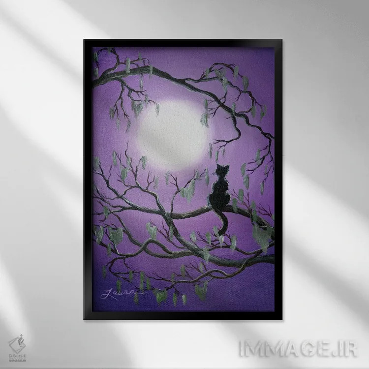 تابلو دکوراتیو گربه سیاه درخت خزه ای اثر لورا ایورسن - نمای قابدار مشکی