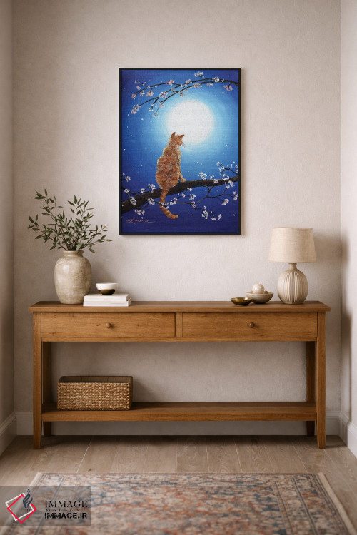 تابلو دکوراتیو گربه نارنجی در مهتاب آبی اثر لورا ایورسن - D1B