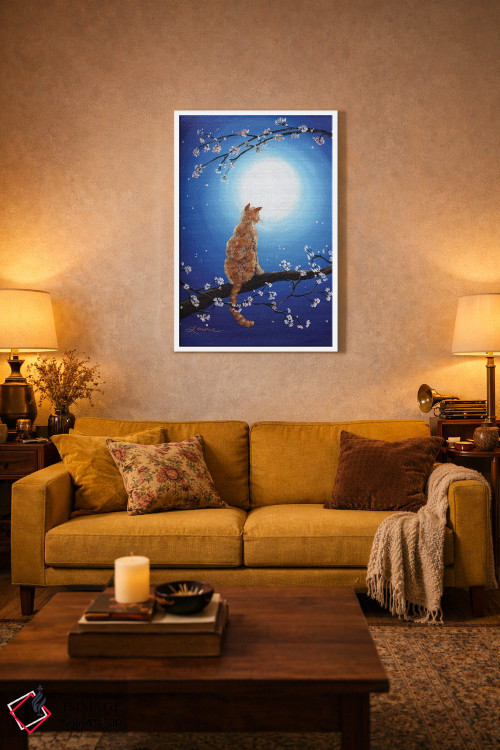 تابلو دکوراتیو گربه نارنجی در مهتاب آبی اثر لورا ایورسن - D2W