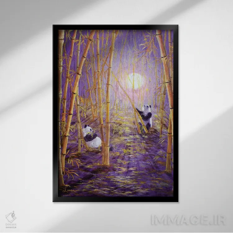 تابلو دکوراتیو پانداها در ماه برداشت اثر لورا ایورسن - نمای قابدار مشکی