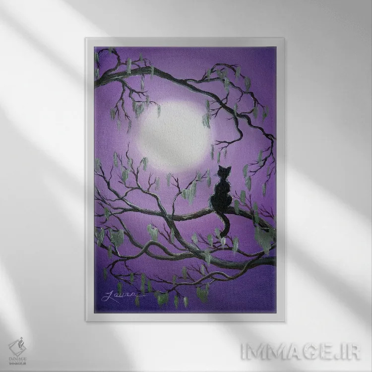 تابلو دکوراتیو گربه سیاه درخت خزه ای اثر لورا ایورسن - نمای قابدار سفید