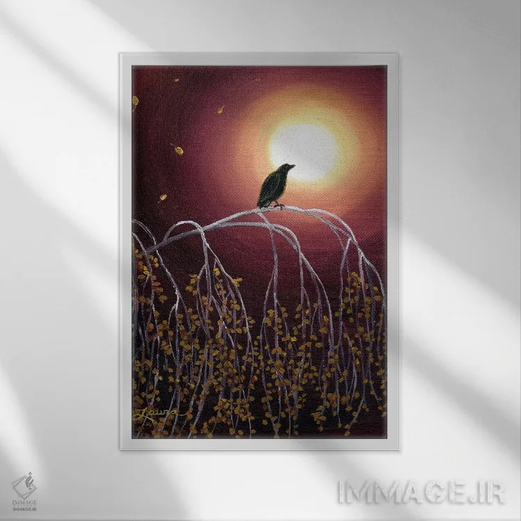 تابلو دکوراتیو کلاغ سیاه روی شاخه های توس سفید اثر لورا ایورسن - نمای قابدار سفید