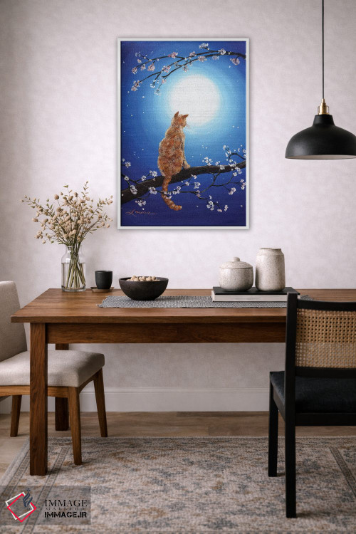 تابلو دکوراتیو گربه نارنجی در مهتاب آبی اثر لورا ایورسن - D3W