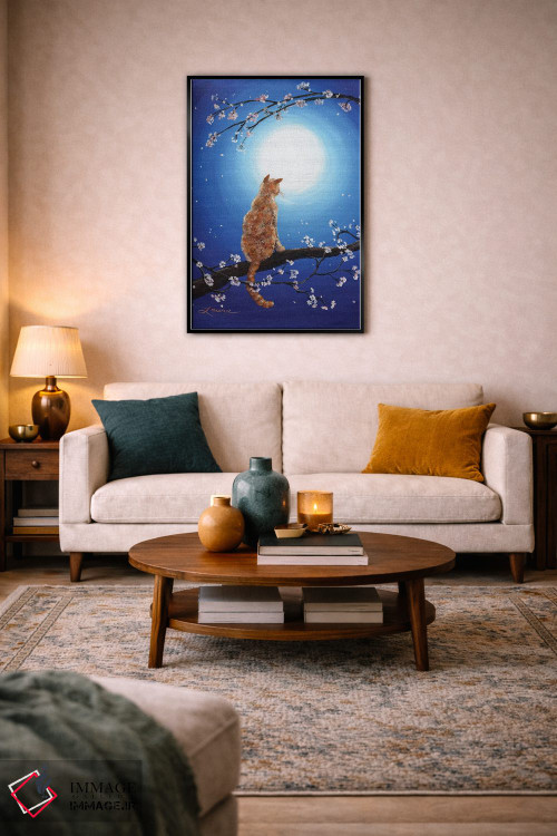 تابلو دکوراتیو گربه نارنجی در مهتاب آبی اثر لورا ایورسن - D4B