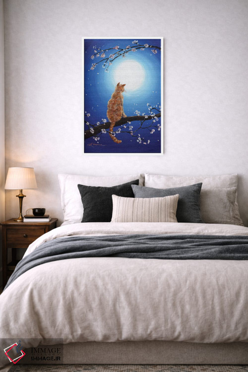 تابلو دکوراتیو گربه نارنجی در مهتاب آبی اثر لورا ایورسن - D5W