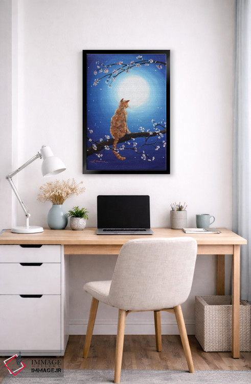 تابلو دکوراتیو گربه نارنجی در مهتاب آبی اثر لورا ایورسن - D6B