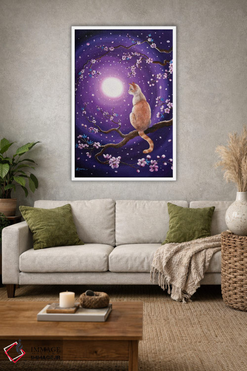 تابلو دکوراتیو گربه سیامی فلیم پوینت در شکوفه های رقصان گیلاس اثر لورا ایورسن - D1W