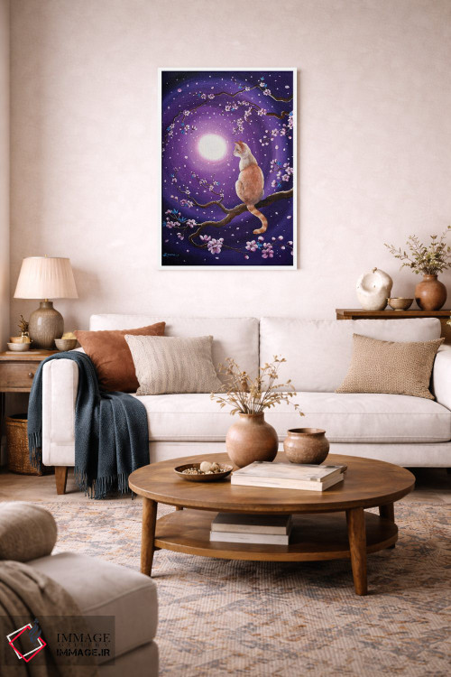 تابلو دکوراتیو گربه سیامی فلیم پوینت در شکوفه های رقصان گیلاس اثر لورا ایورسن - D2W