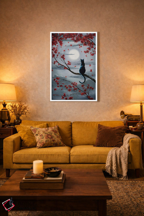 تابلو دکوراتیو گربه سیاه در نور ماه نقره ای اثر لورا ایورسن - D2W
