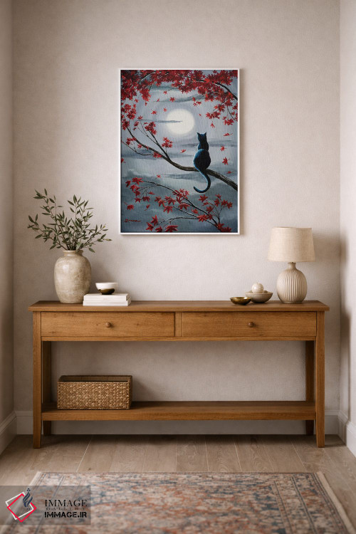 تابلو دکوراتیو گربه سیاه در نور ماه نقره ای اثر لورا ایورسن - D1W