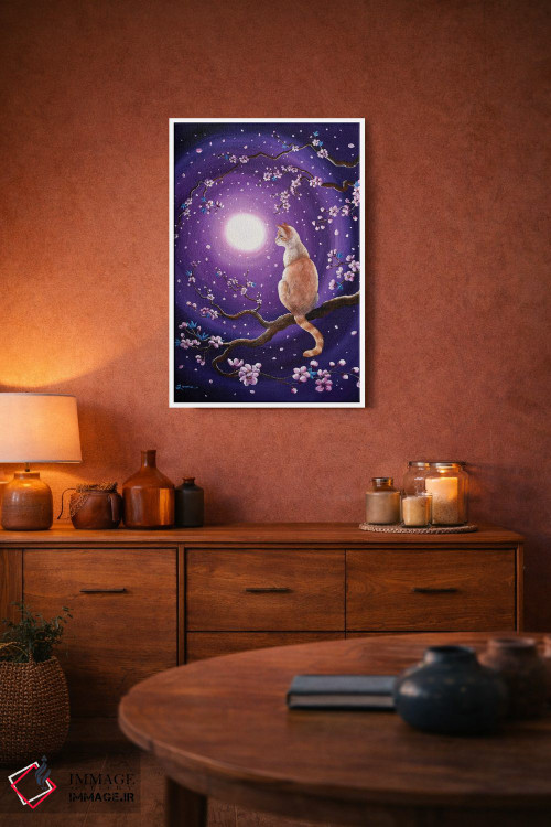 تابلو دکوراتیو گربه سیامی فلیم پوینت در شکوفه های رقصان گیلاس اثر لورا ایورسن - D3W