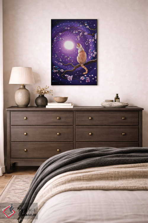 تابلو دکوراتیو گربه سیامی فلیم پوینت در شکوفه های رقصان گیلاس اثر لورا ایورسن - D4B