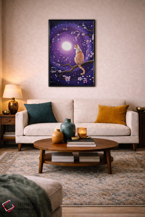 تابلو دکوراتیو گربه سیامی فلیم پوینت در شکوفه های رقصان گیلاس اثر لورا ایورسن - D5B