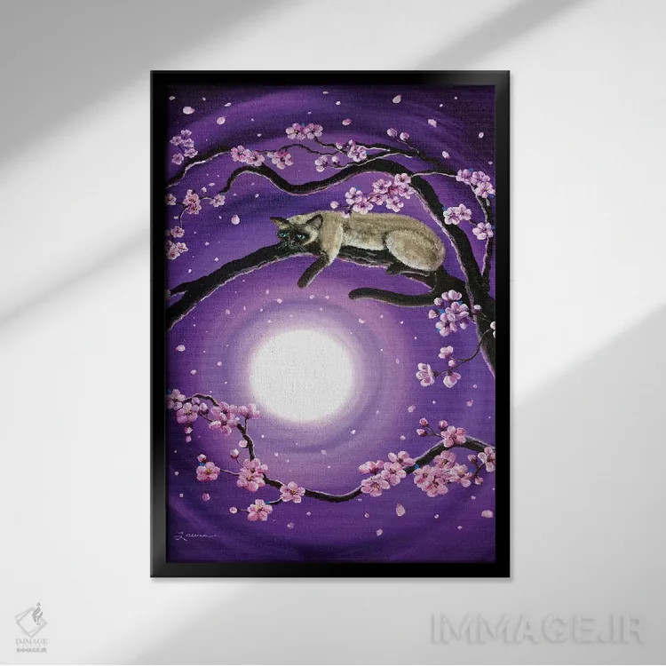 تابلو دکوراتیو ساکورا در مهتاب بنفش اثر لورا ایورسن - نمای قابدار مشکی