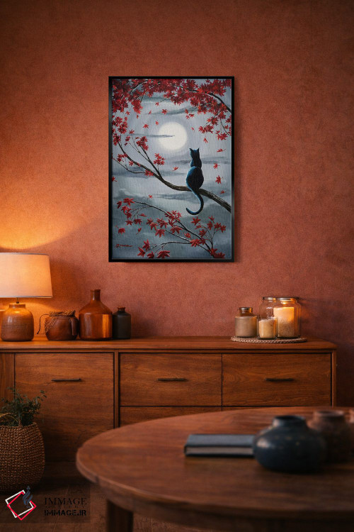 تابلو دکوراتیو گربه سیاه در نور ماه نقره ای اثر لورا ایورسن - D5B
