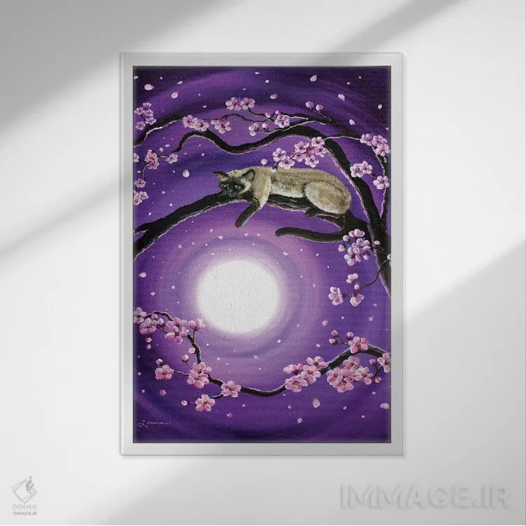 تابلو دکوراتیو ساکورا در مهتاب بنفش اثر لورا ایورسن - نمای قابدار سفید