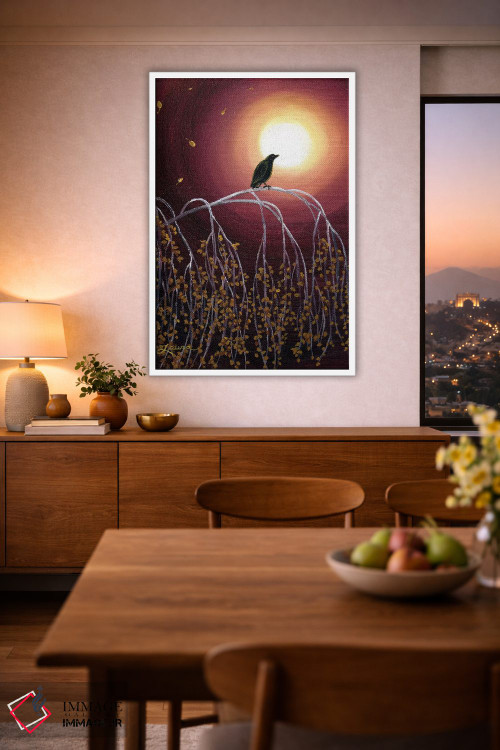 تابلو دکوراتیو کلاغ سیاه روی شاخه های توس سفید اثر لورا ایورسن - D1W