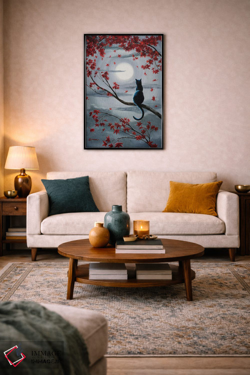 تابلو دکوراتیو گربه سیاه در نور ماه نقره ای اثر لورا ایورسن - D4B